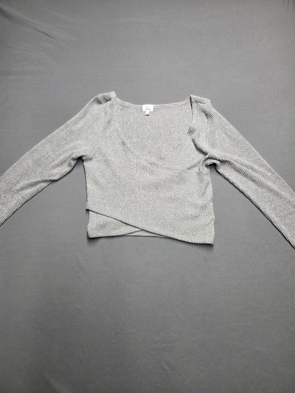 NUE Garage Grey Wrap Cross Front Ribbed Crop Sweater Top Women's Size Medium M
